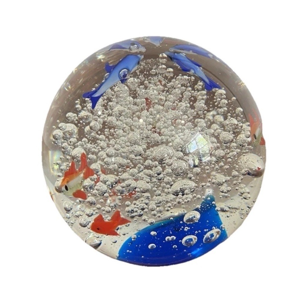 Vintage Ocean Glass Art Paperweight‎ Dolphin Fish Bubble Oceanic